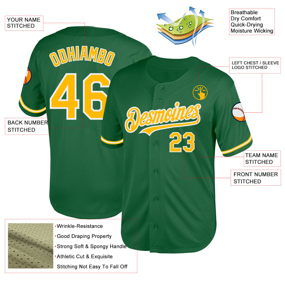Custom Kelly Green Gold-White Mesh Authentic Throwback Baseball Jersey