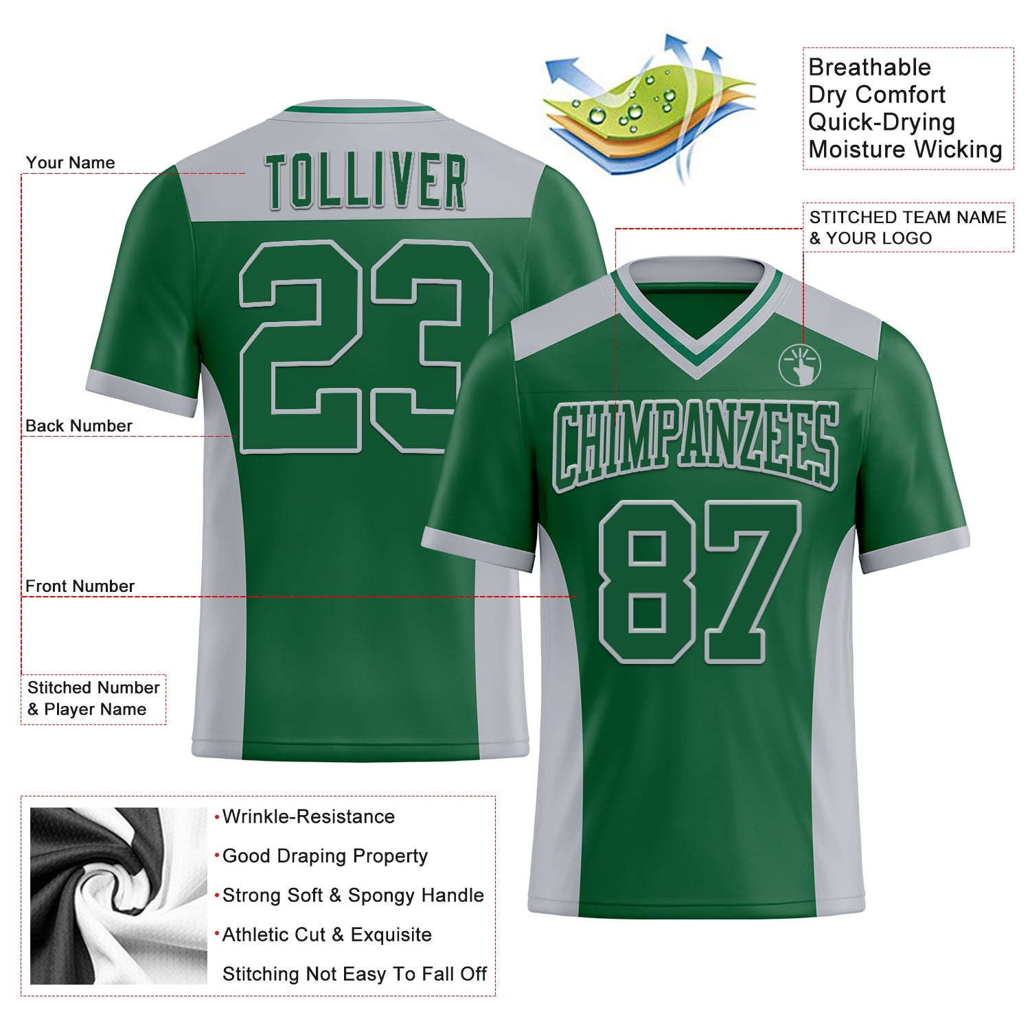 Custom Kelly Green Gray Authentic Football Jersey