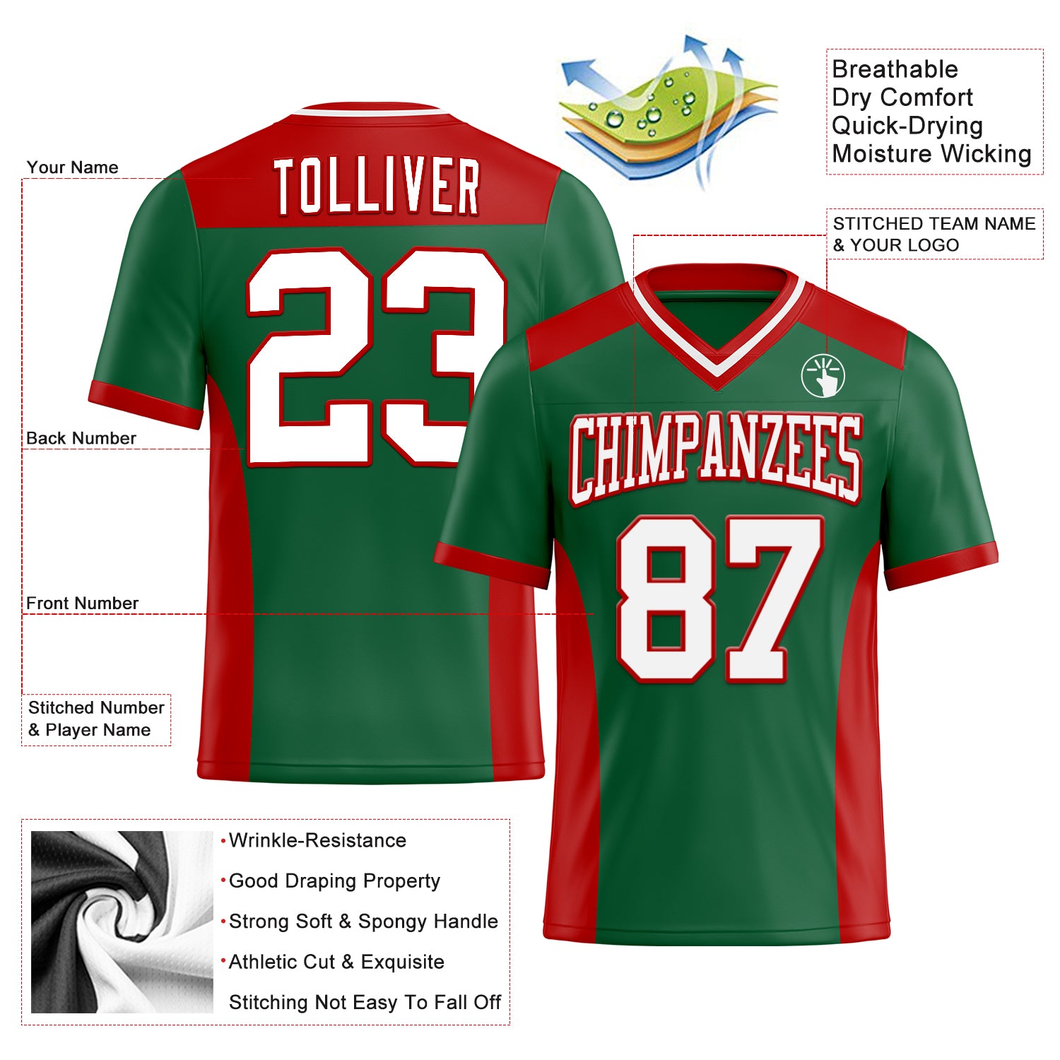 Custom Kelly Green White-Red Authentic Football Jersey