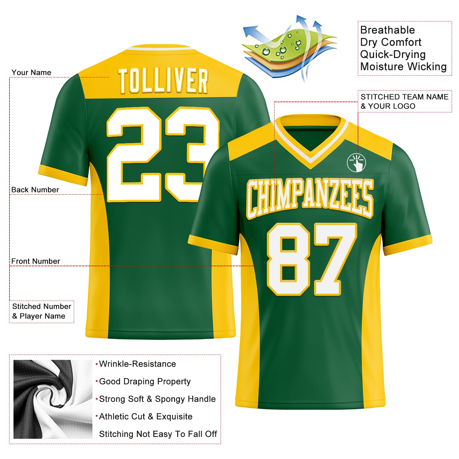 Custom Kelly Green White-Yellow Authentic Football Jersey