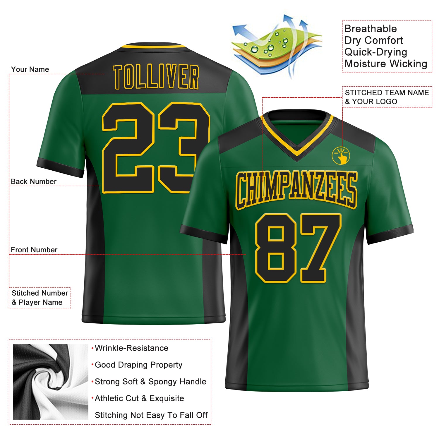 Custom Kelly Green Black-Yellow Authentic Football Jersey
