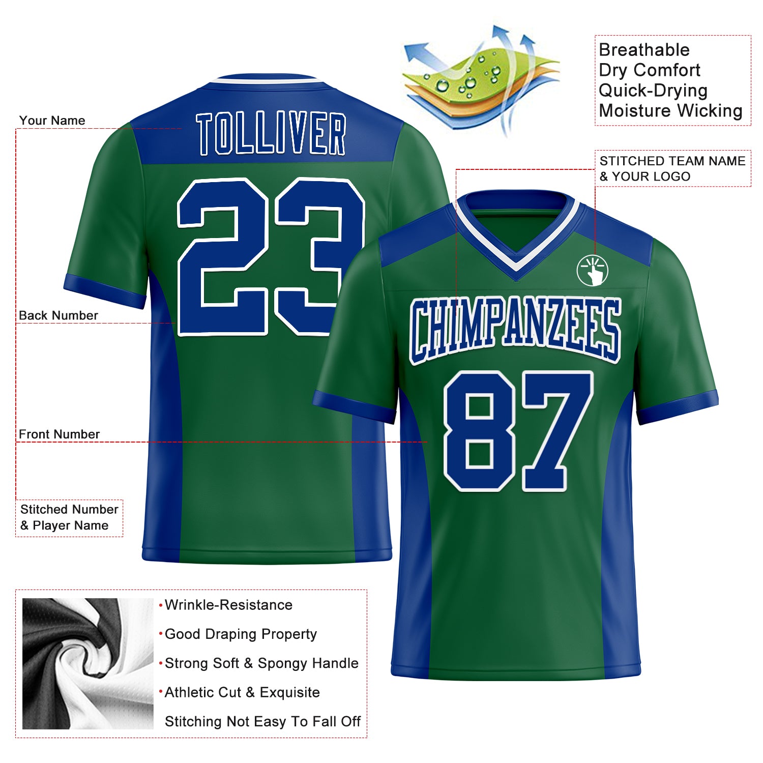 Custom Kelly Green Royal-White Authentic Football Jersey