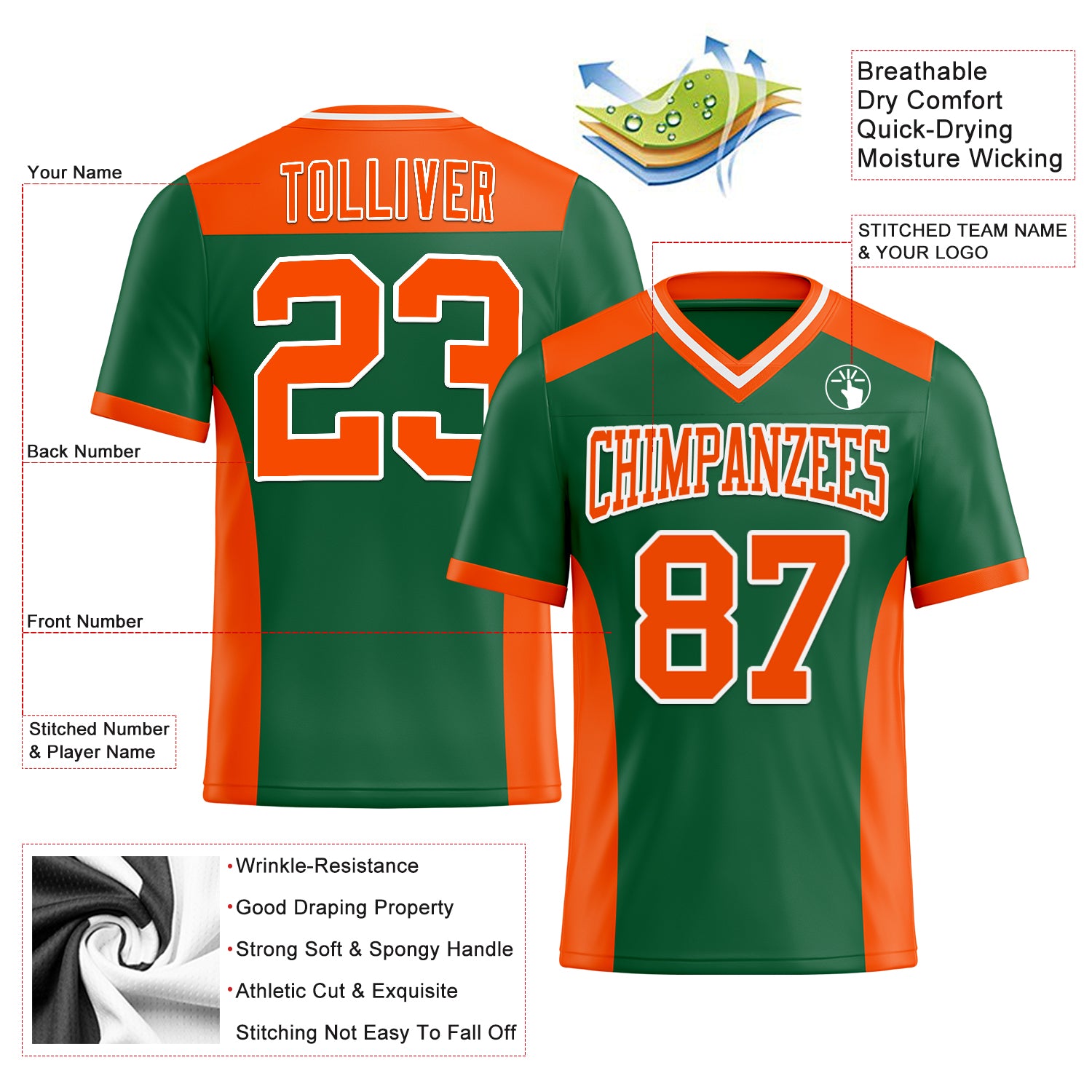 Custom Kelly Green Orange-White Authentic Football Jersey