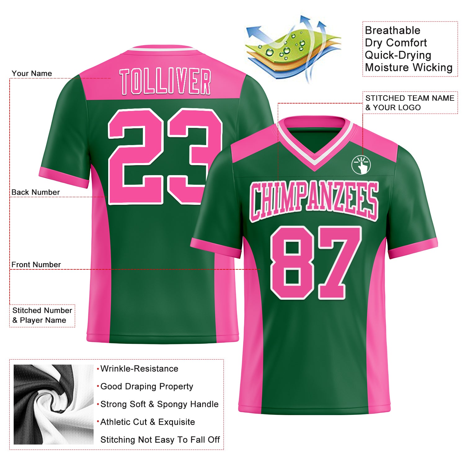 Custom Kelly Green Pink-White Authentic Football Jersey
