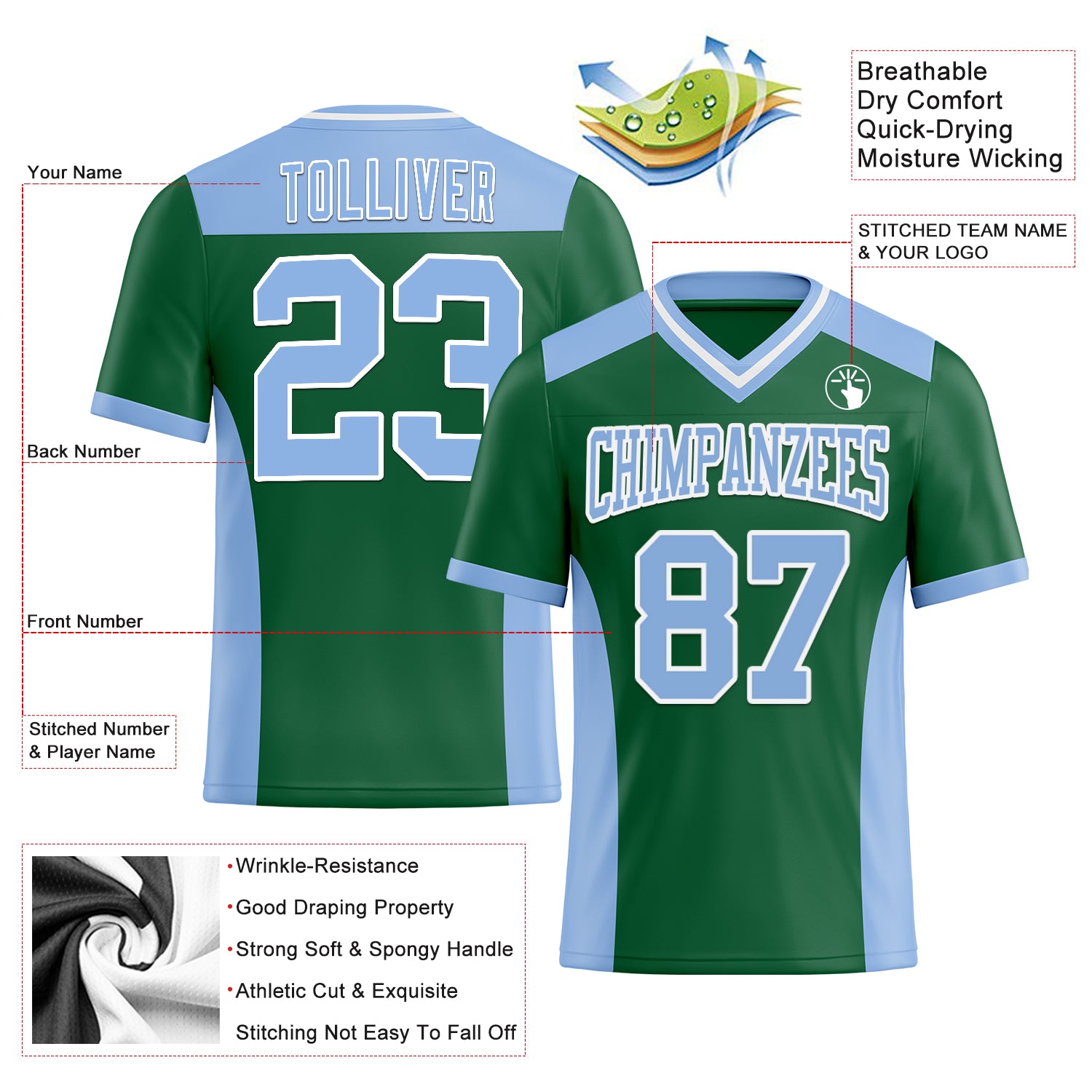 Custom Kelly Green Light Blue-White Authentic Football Jersey