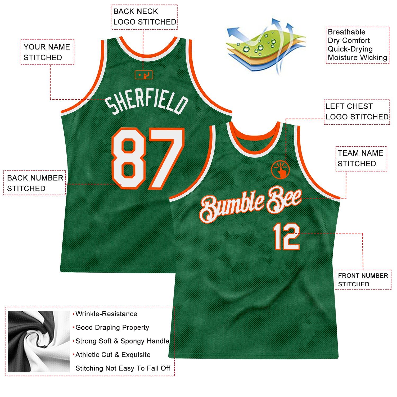 Custom Kelly Green White-Orange Authentic Throwback Basketball Jersey