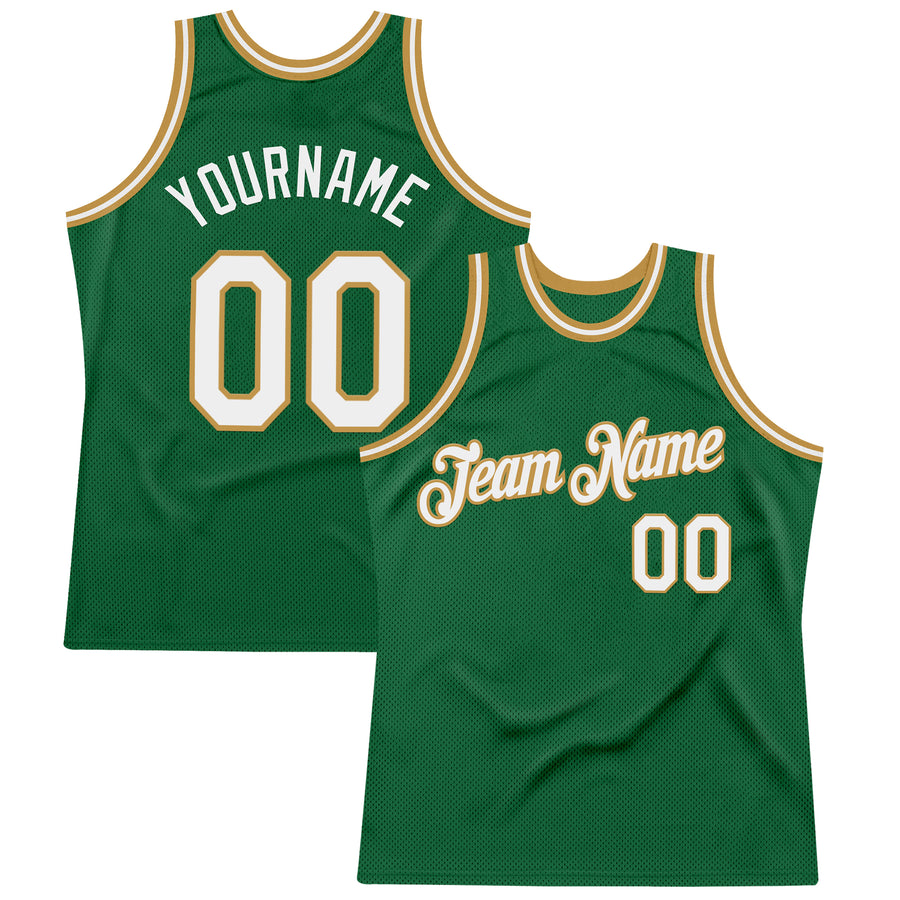 Custom Kelly Green White-Old Gold Authentic Throwback Basketball Jersey