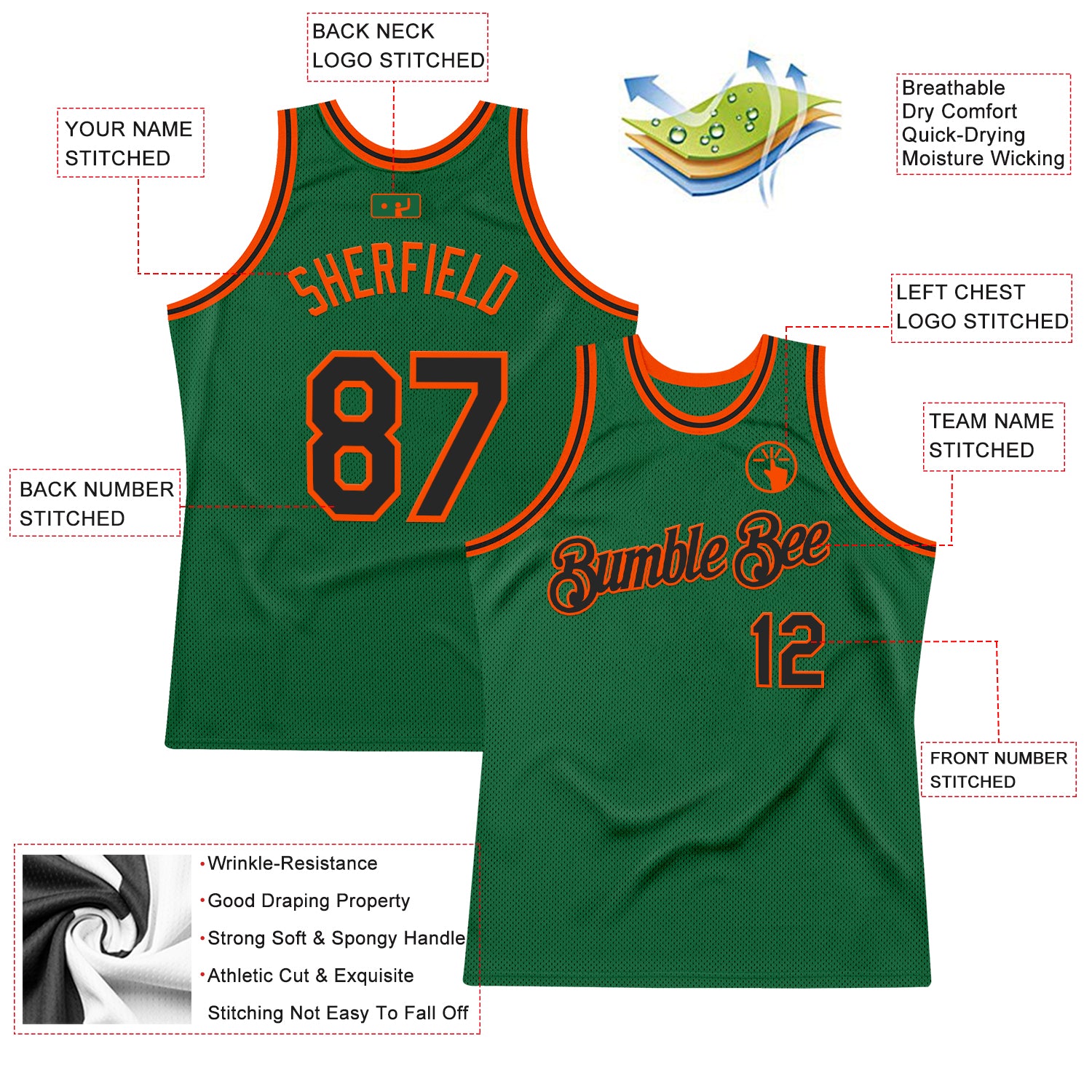 Custom Kelly Green Black-Orange Authentic Throwback Basketball Jersey