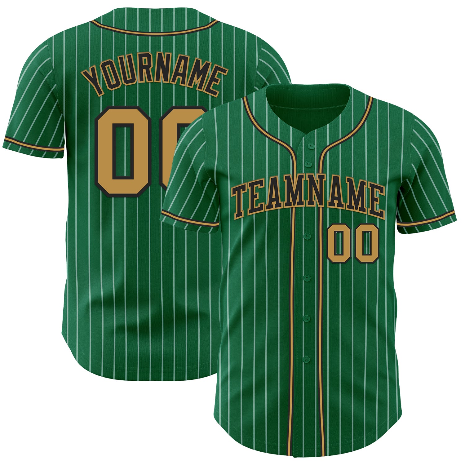 Custom Kelly Green White Pinstripe Old Gold-Black Authentic Baseball Jersey