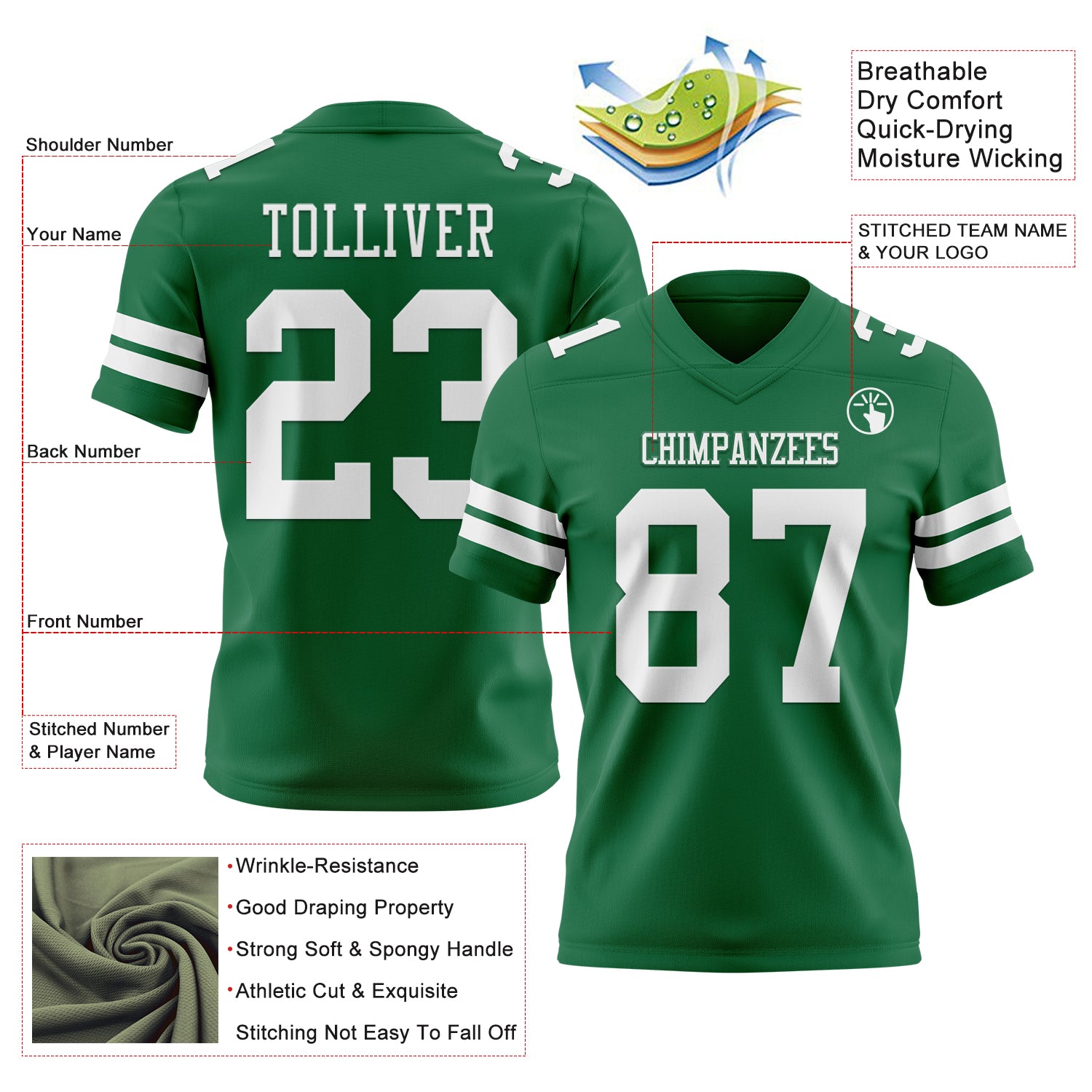 Custom Kelly Green White Authentic Football Jersey