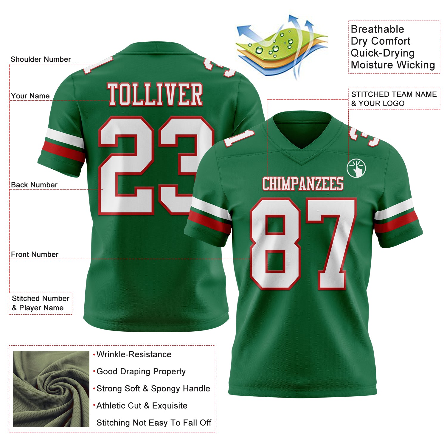 Custom Kelly Green White-Red Authentic Football Jersey