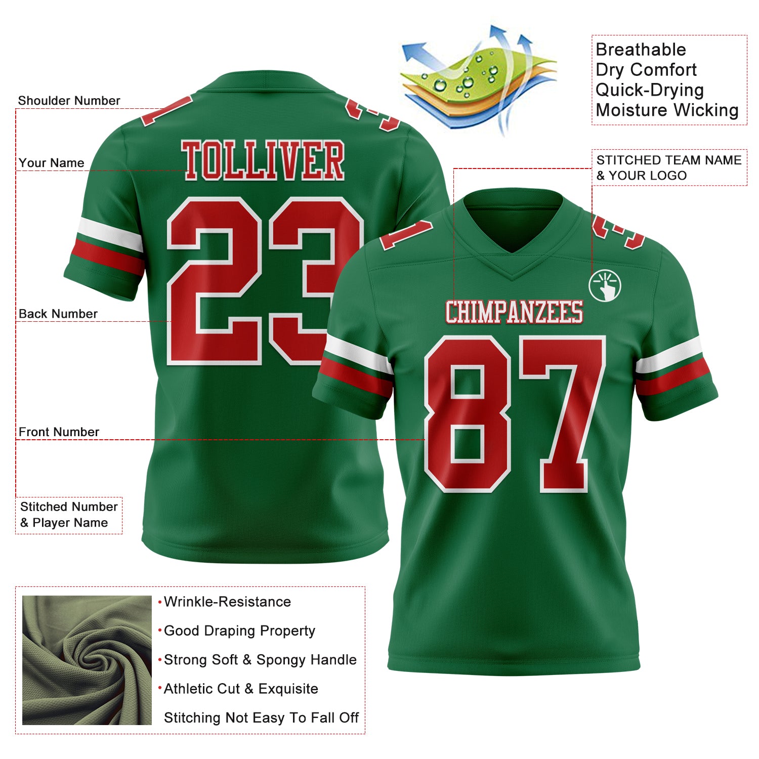 Custom Kelly Green Red-White Authentic Football Jersey