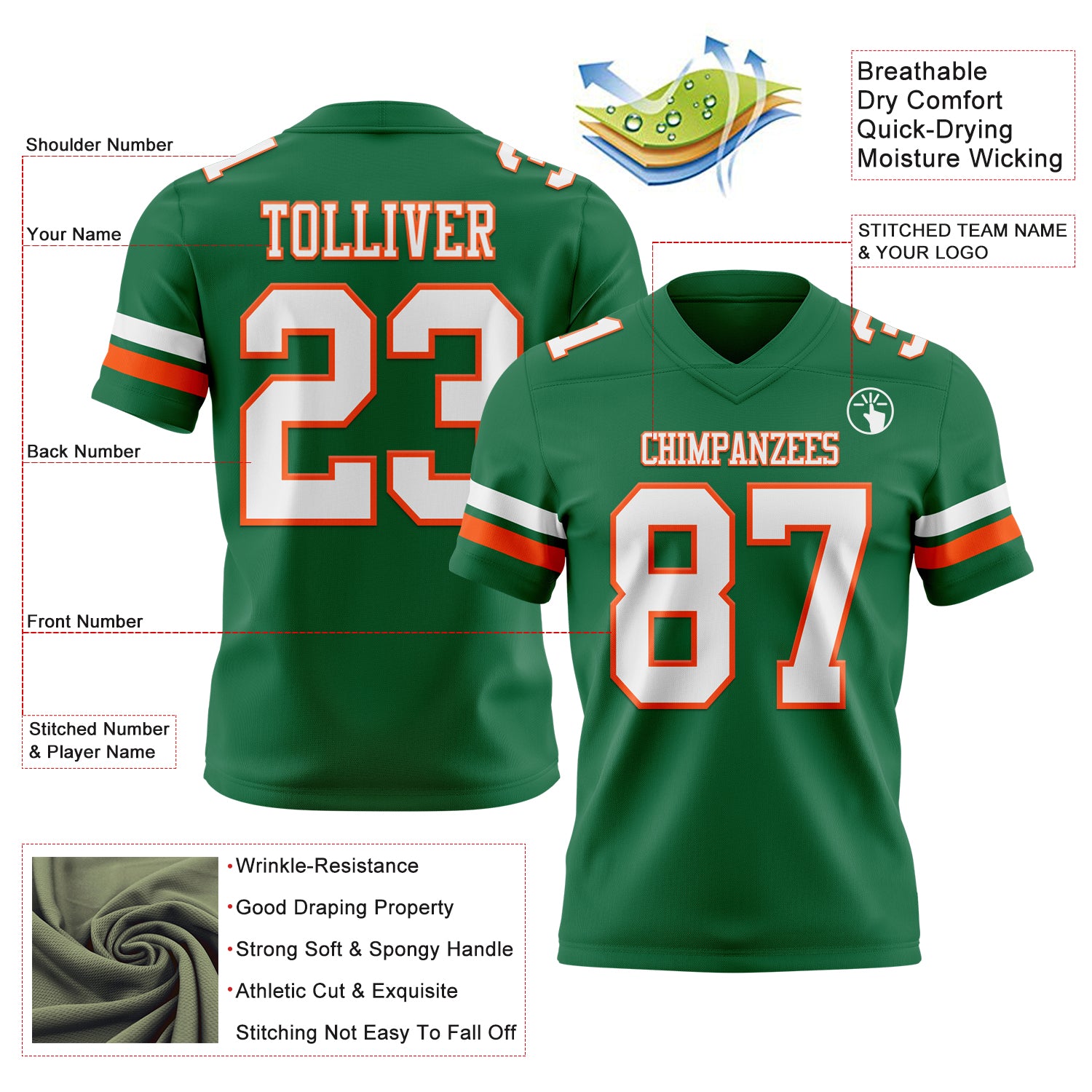 Custom Kelly Green White-Orange Authentic Football Jersey