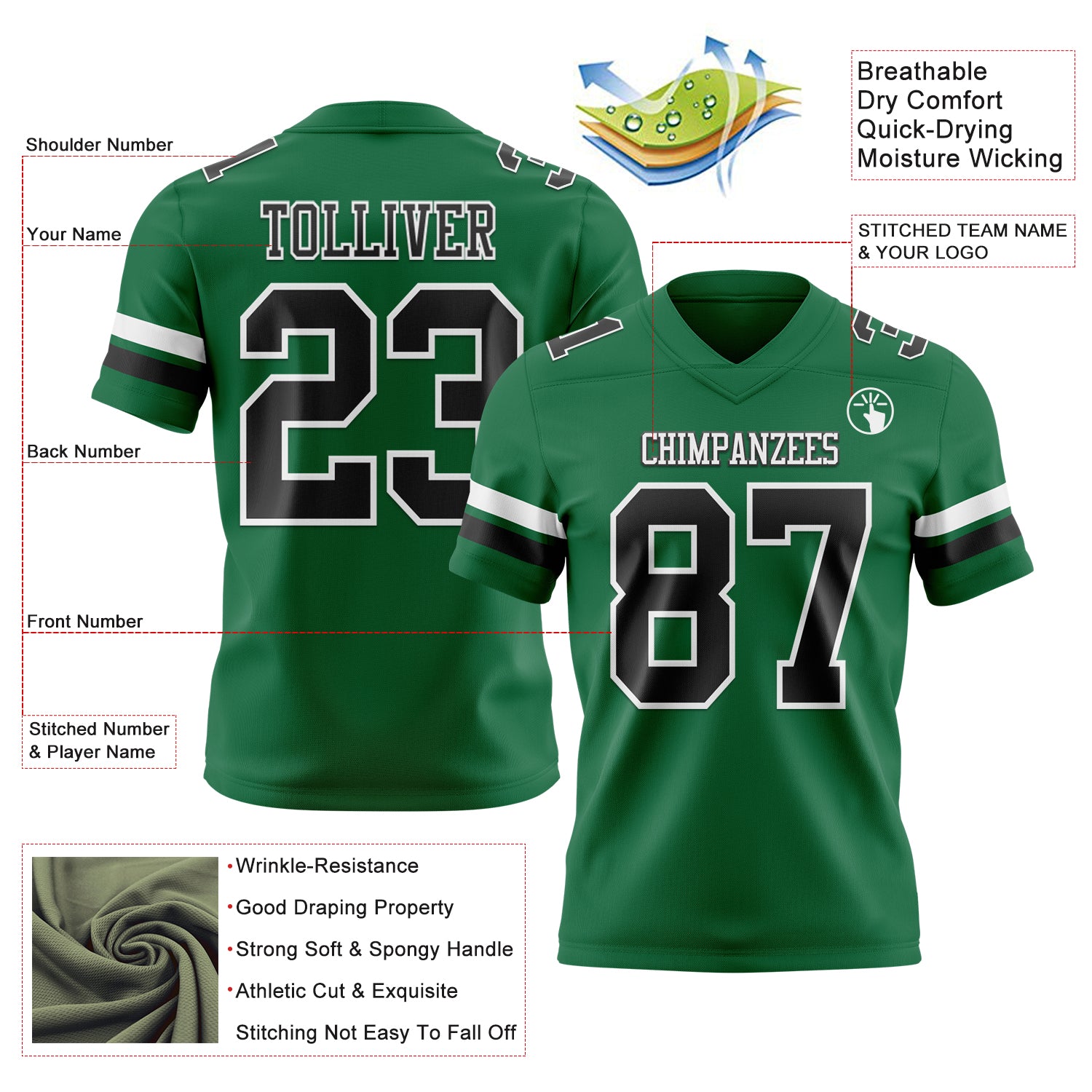 Custom Kelly Green Black-White Authentic Football Jersey