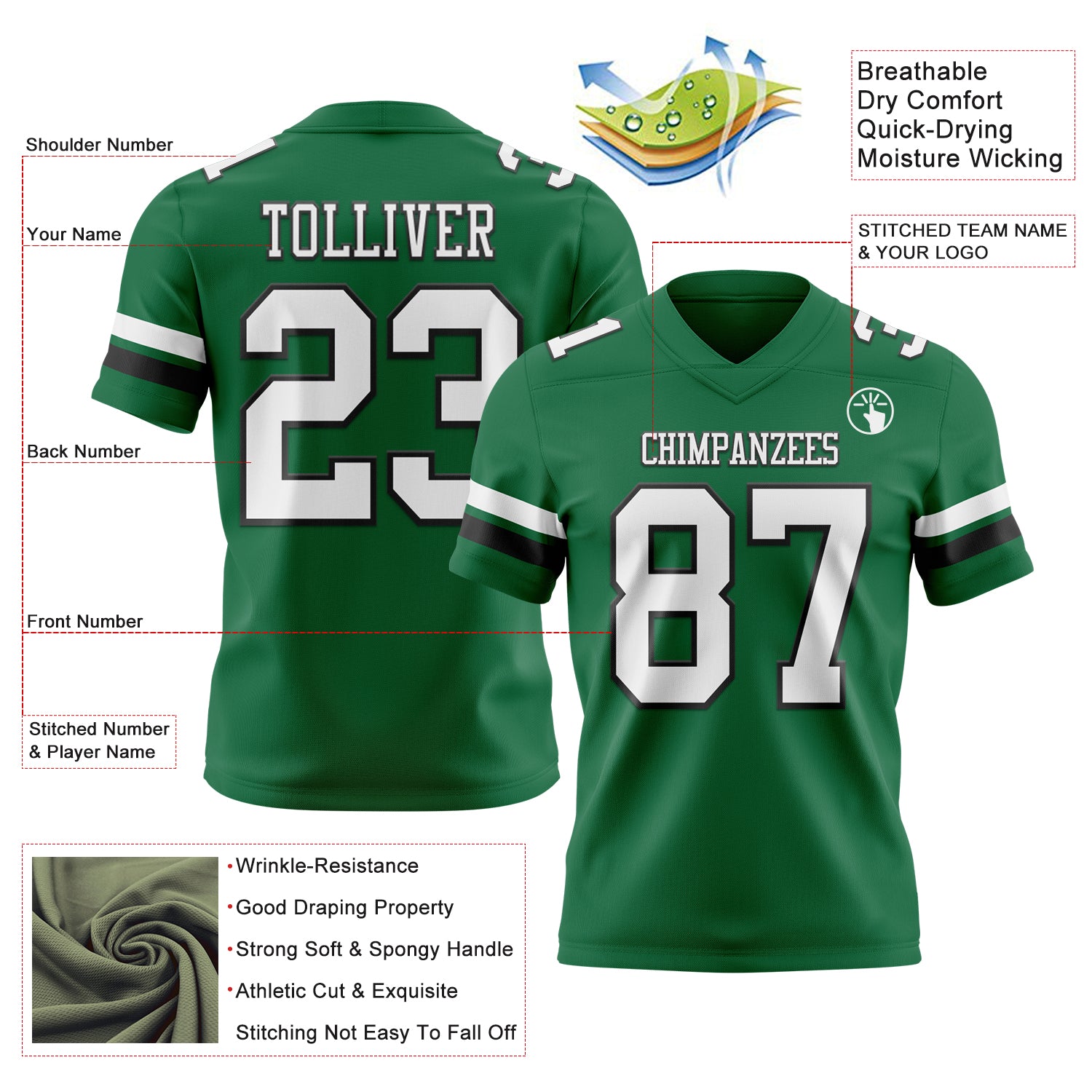 Custom Kelly Green White-Black Authentic Football Jersey