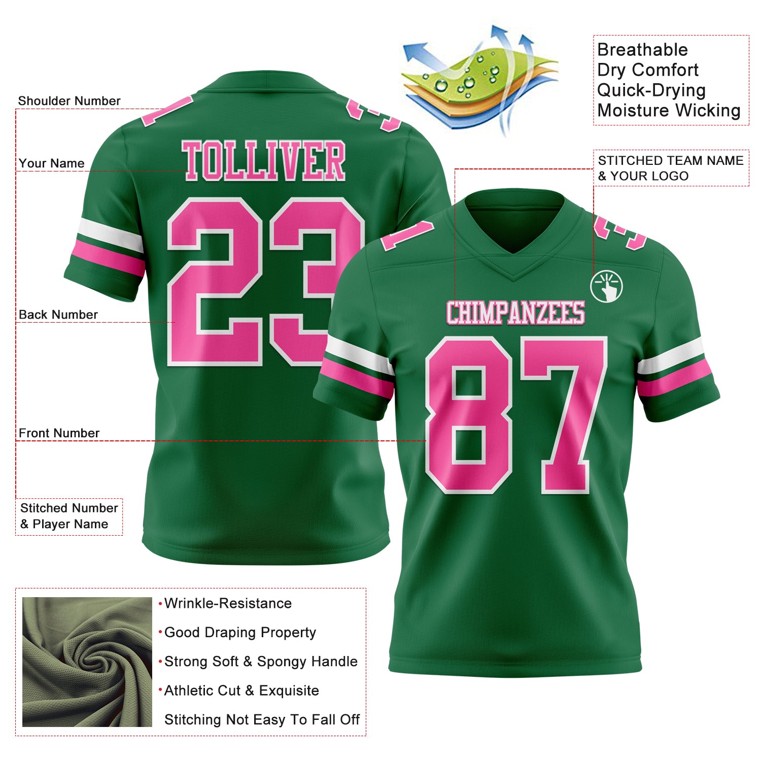 Custom Kelly Green Pink-White Authentic Football Jersey