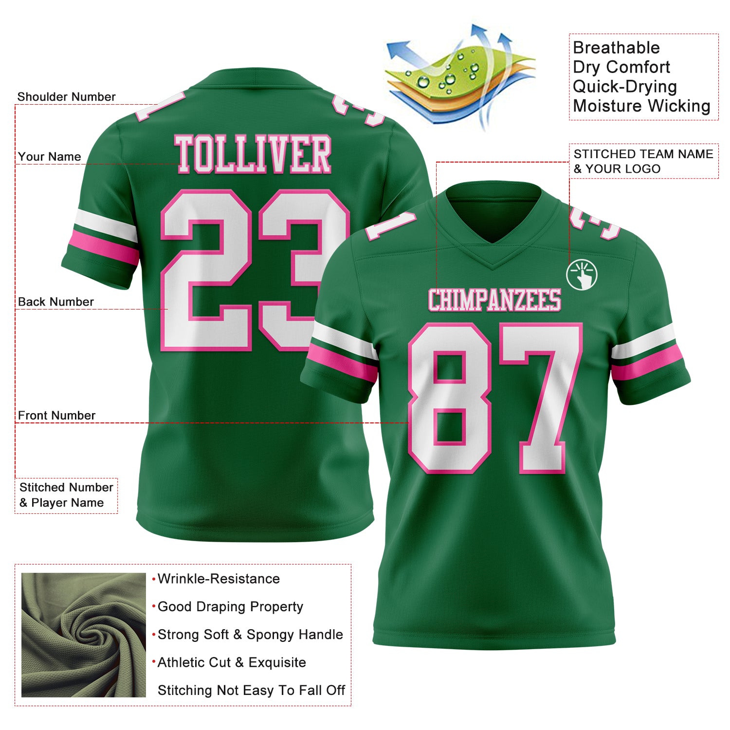 Custom Kelly Green White-Pink Authentic Football Jersey