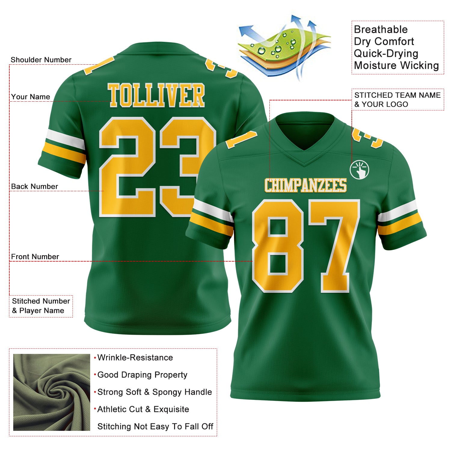 Custom Kelly Green Gold-White Authentic Football Jersey