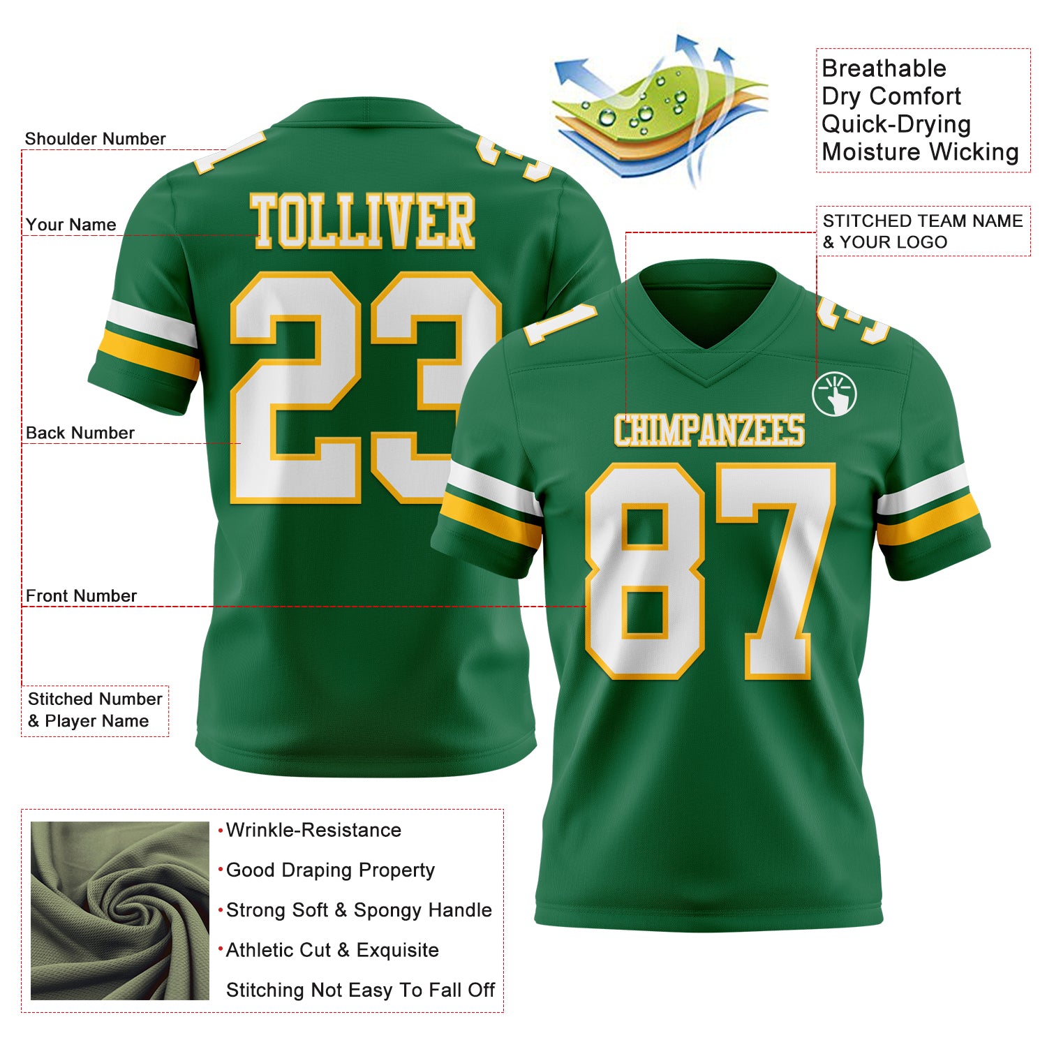 Custom Kelly Green White-Gold Authentic Football Jersey