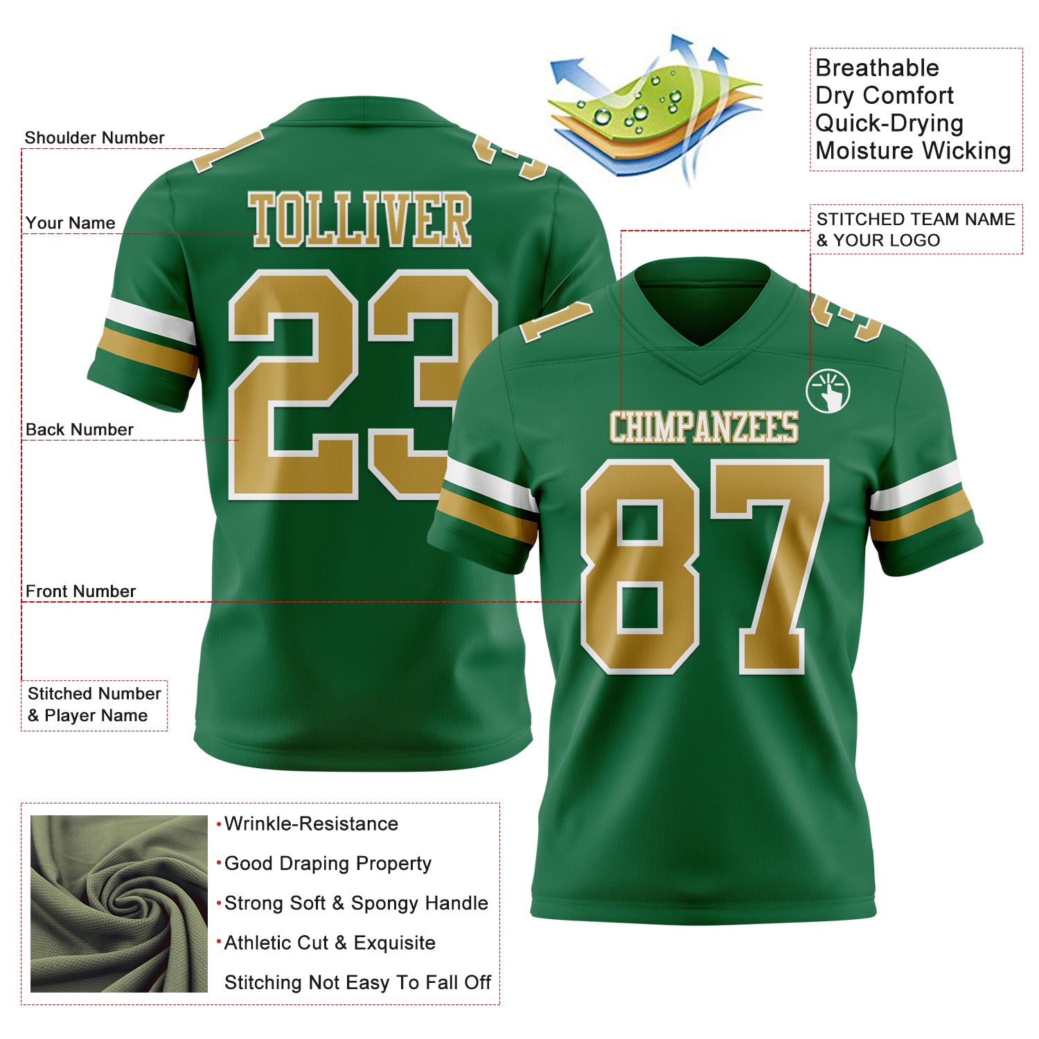 Custom Kelly Green Old Gold-White Authentic Football Jersey