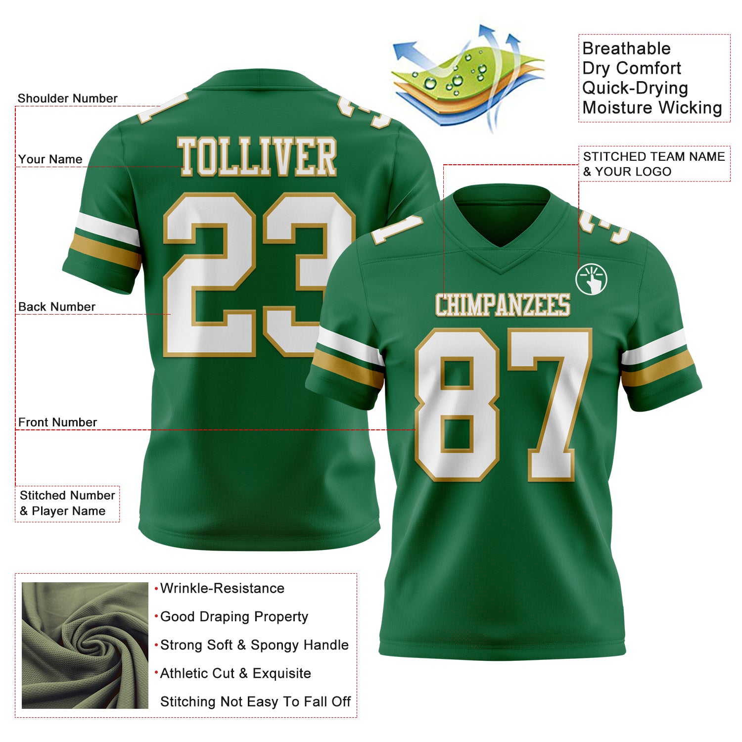 Custom Kelly Green White-Old Gold Authentic Football Jersey