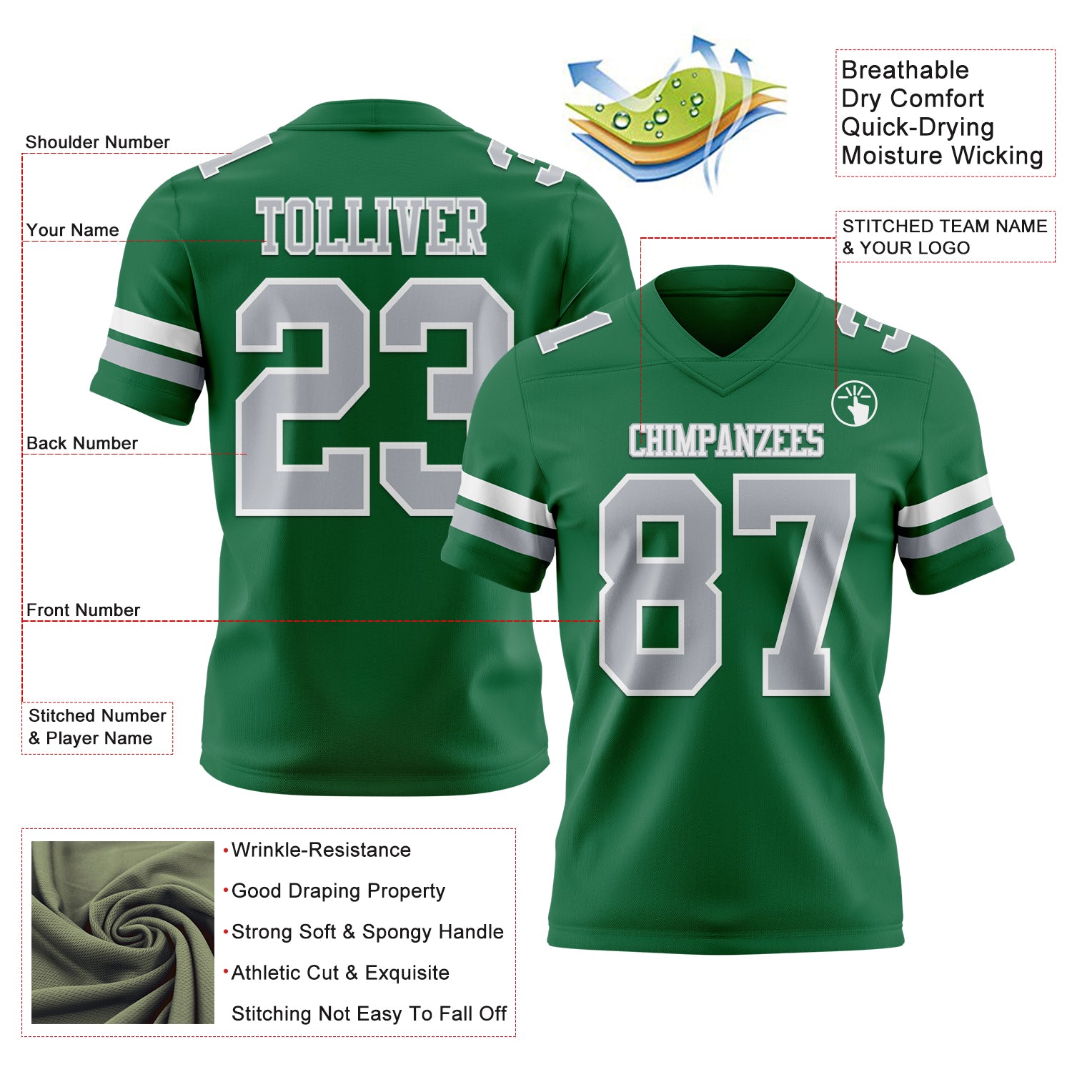 Custom Kelly Green Gray-White Authentic Football Jersey