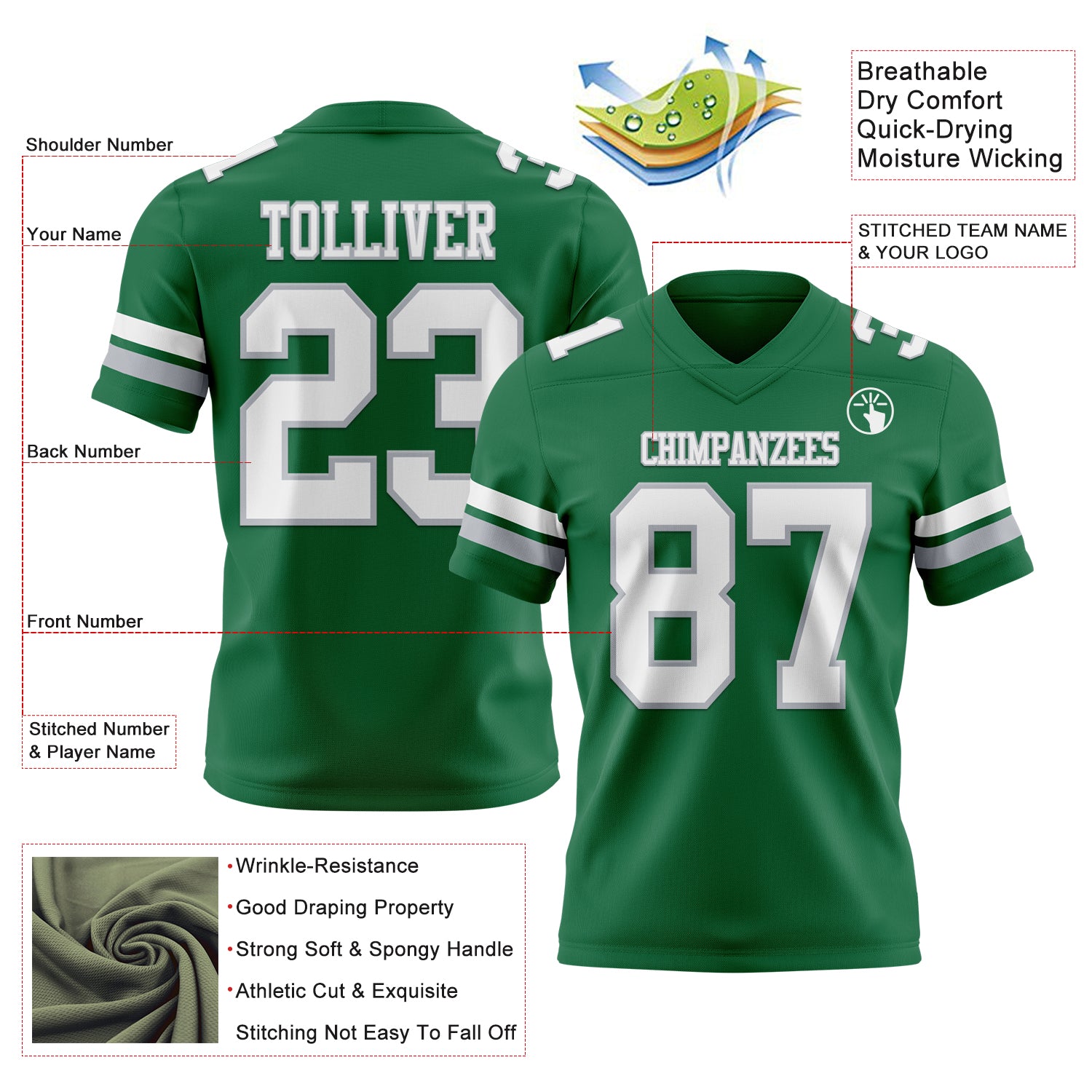 Custom Kelly Green White-Gray Authentic Football Jersey