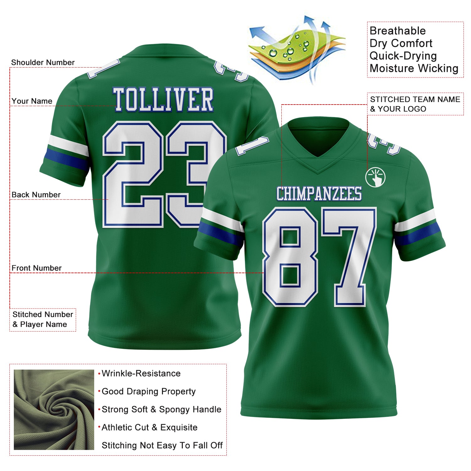 Custom Kelly Green White-Royal Authentic Football Jersey