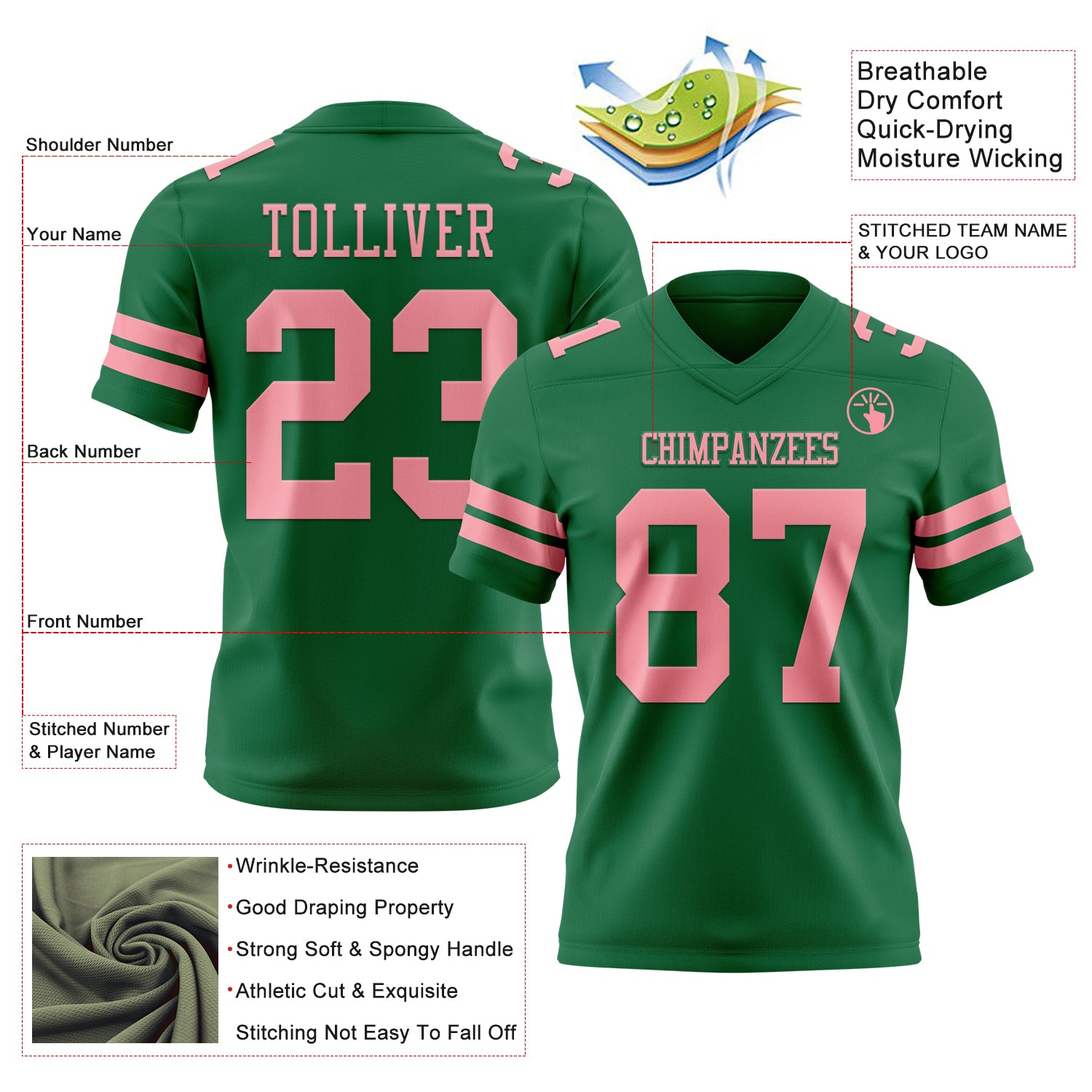 Custom Kelly Green Medium Pink Authentic Football Jersey