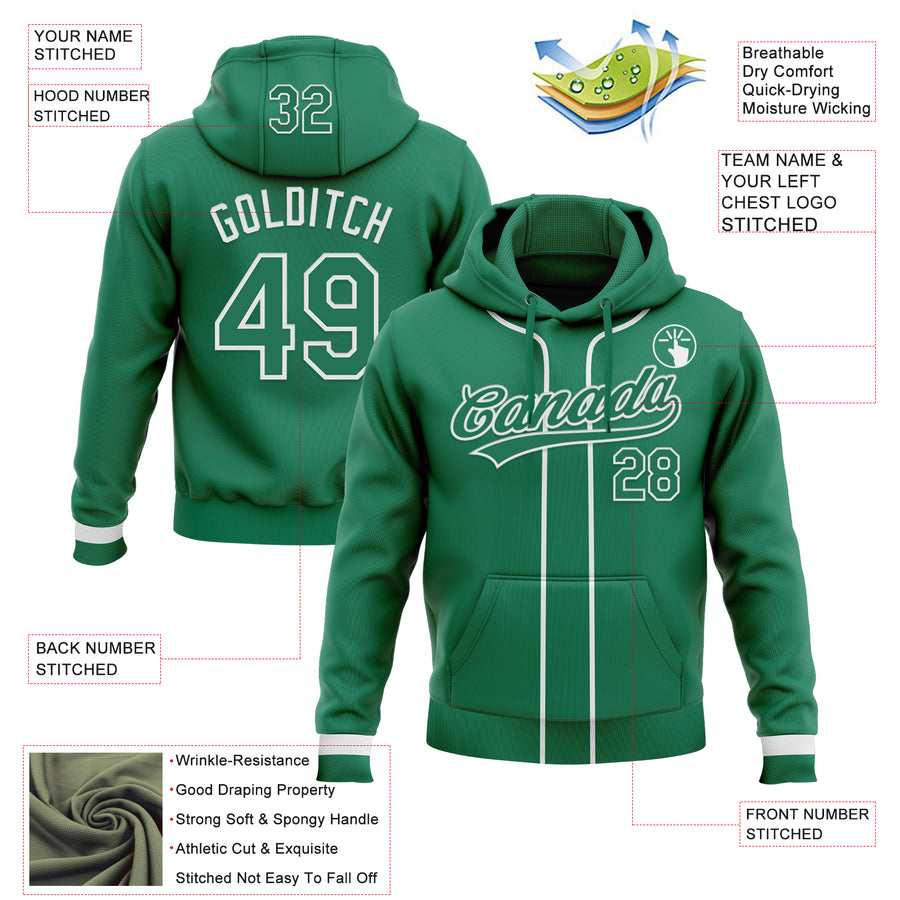 Custom Stitched Kelly Green Kelly Green-White Baseball Pullover Sweatshirt Hoodie