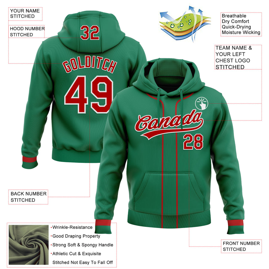 Custom Stitched Kelly Green Red-White Baseball Pullover Sweatshirt Hoodie