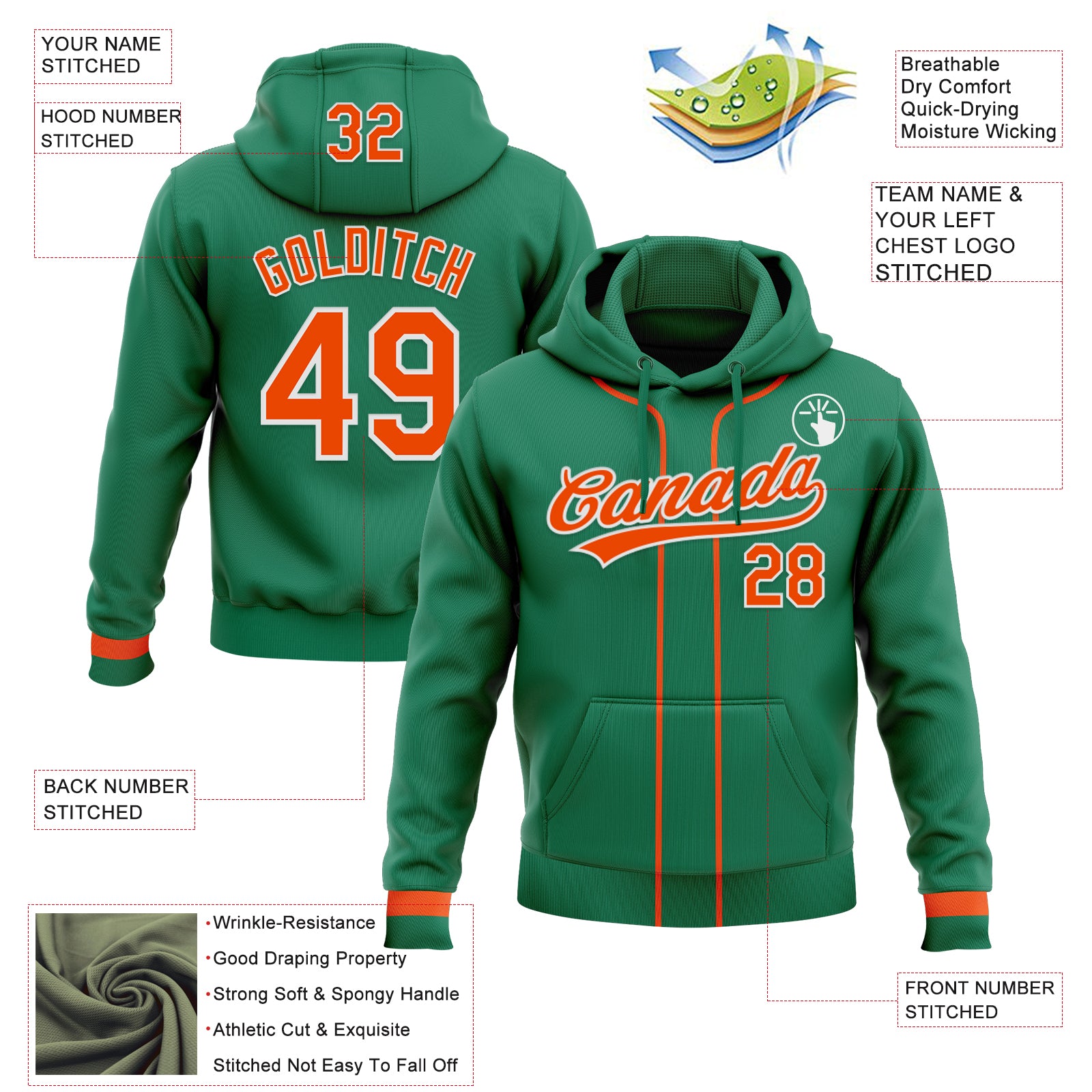 Custom Stitched Kelly Green Orange-White Baseball Pullover Sweatshirt Hoodie