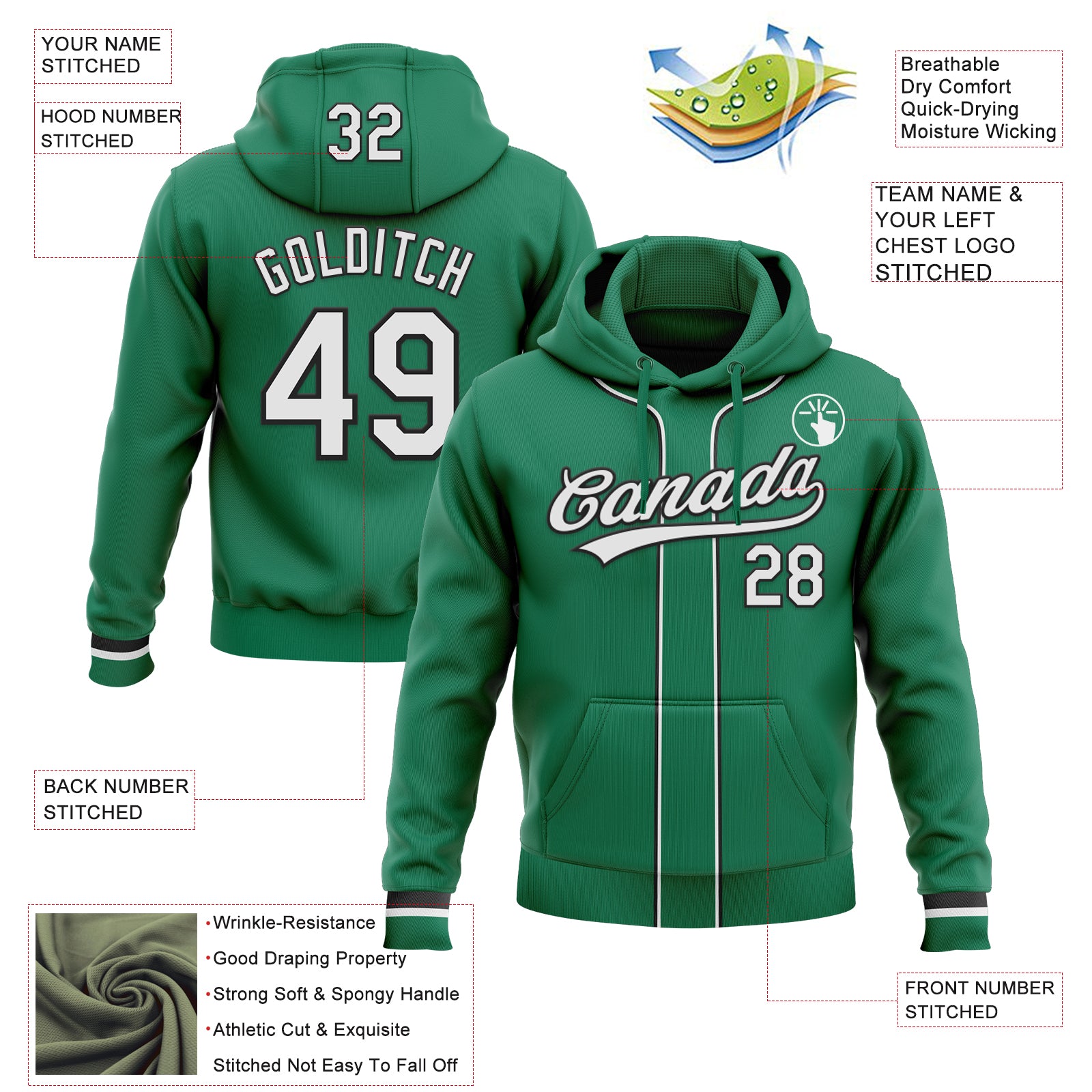 Custom Stitched Kelly Green White-Black Baseball Pullover Sweatshirt Hoodie