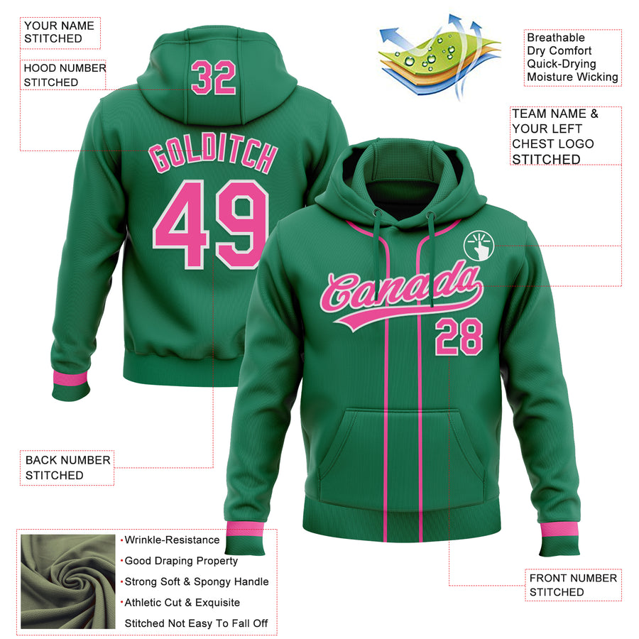Custom Stitched Kelly Green Pink-White Baseball Pullover Sweatshirt Hoodie