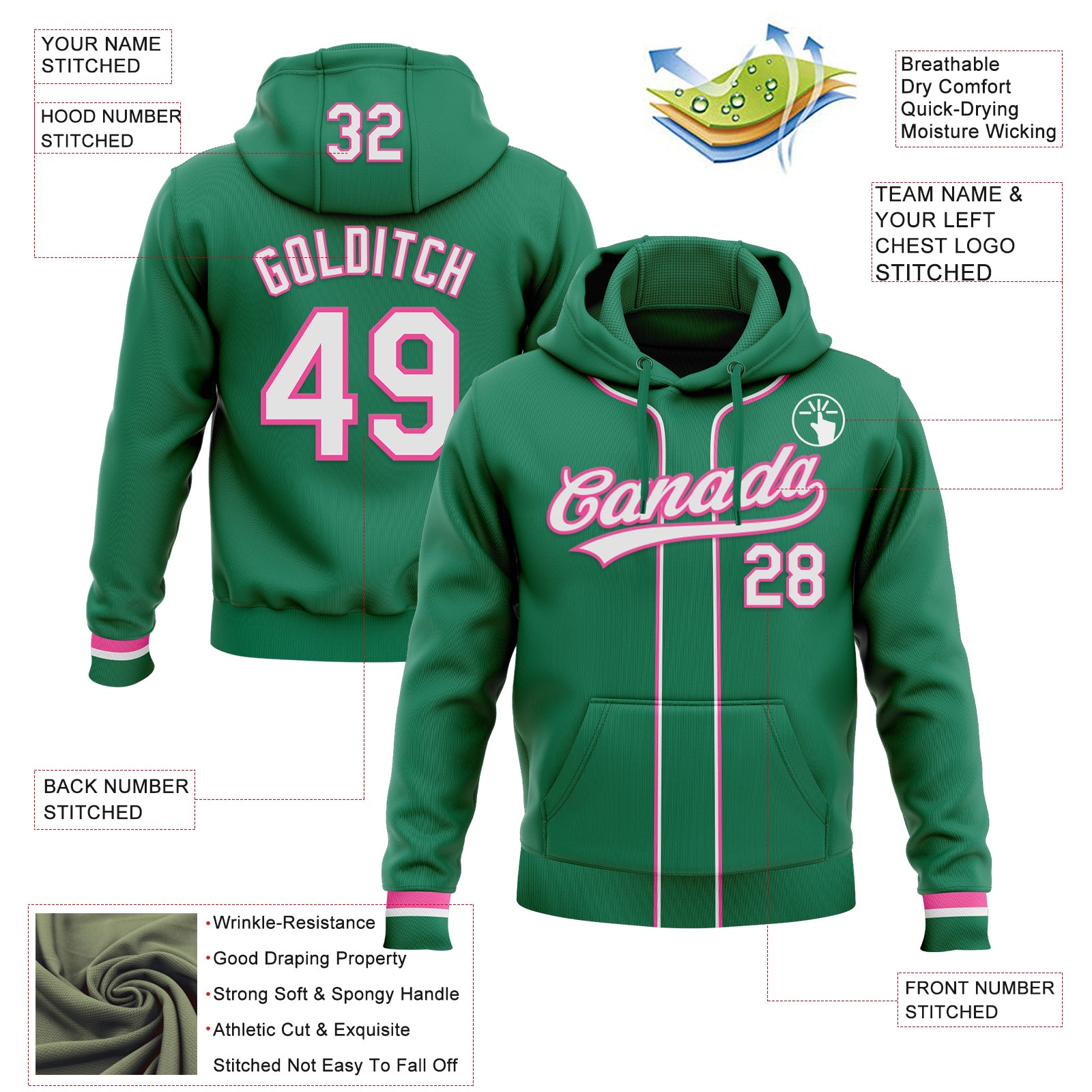 Custom Stitched Kelly Green White-Pink Baseball Pullover Sweatshirt Hoodie