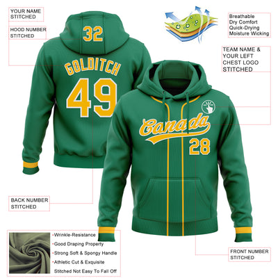 Custom Stitched Kelly Green Gold-White Baseball Pullover Sweatshirt Hoodie