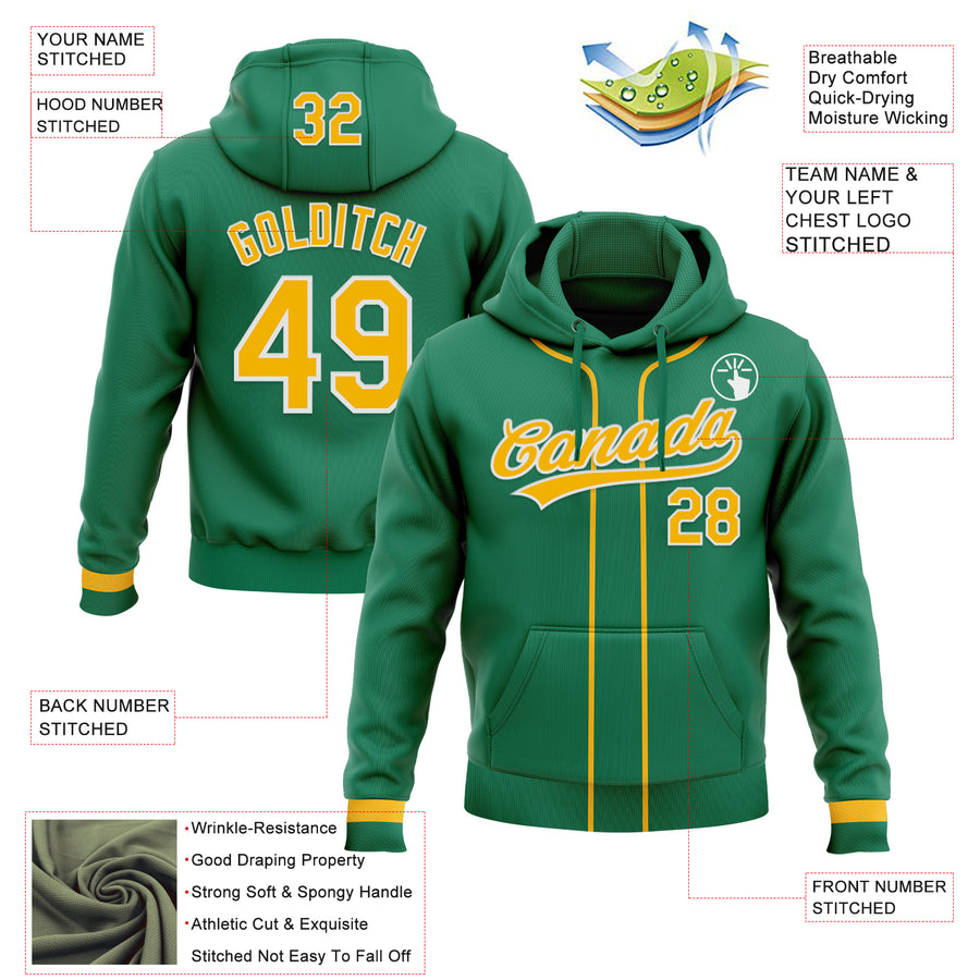 Custom Stitched Kelly Green Gold-White Baseball Pullover Sweatshirt Hoodie