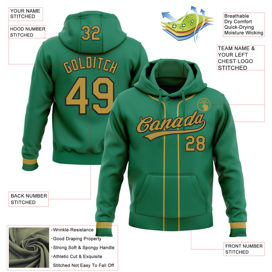 Custom Stitched Kelly Green Old Gold-Black Baseball Pullover Sweatshirt Hoodie