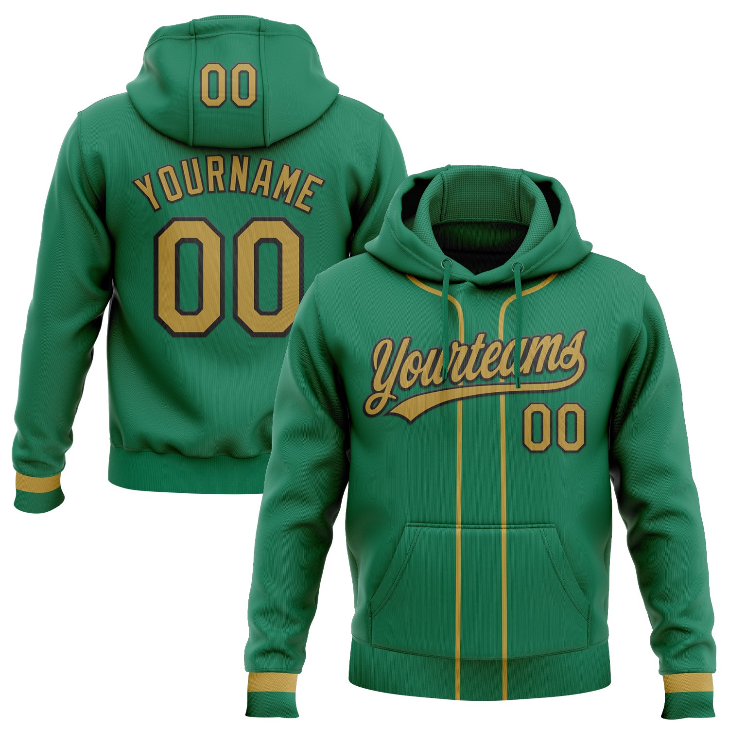 Custom Stitched Kelly Green Old Gold-Black Baseball Pullover Sweatshirt Hoodie