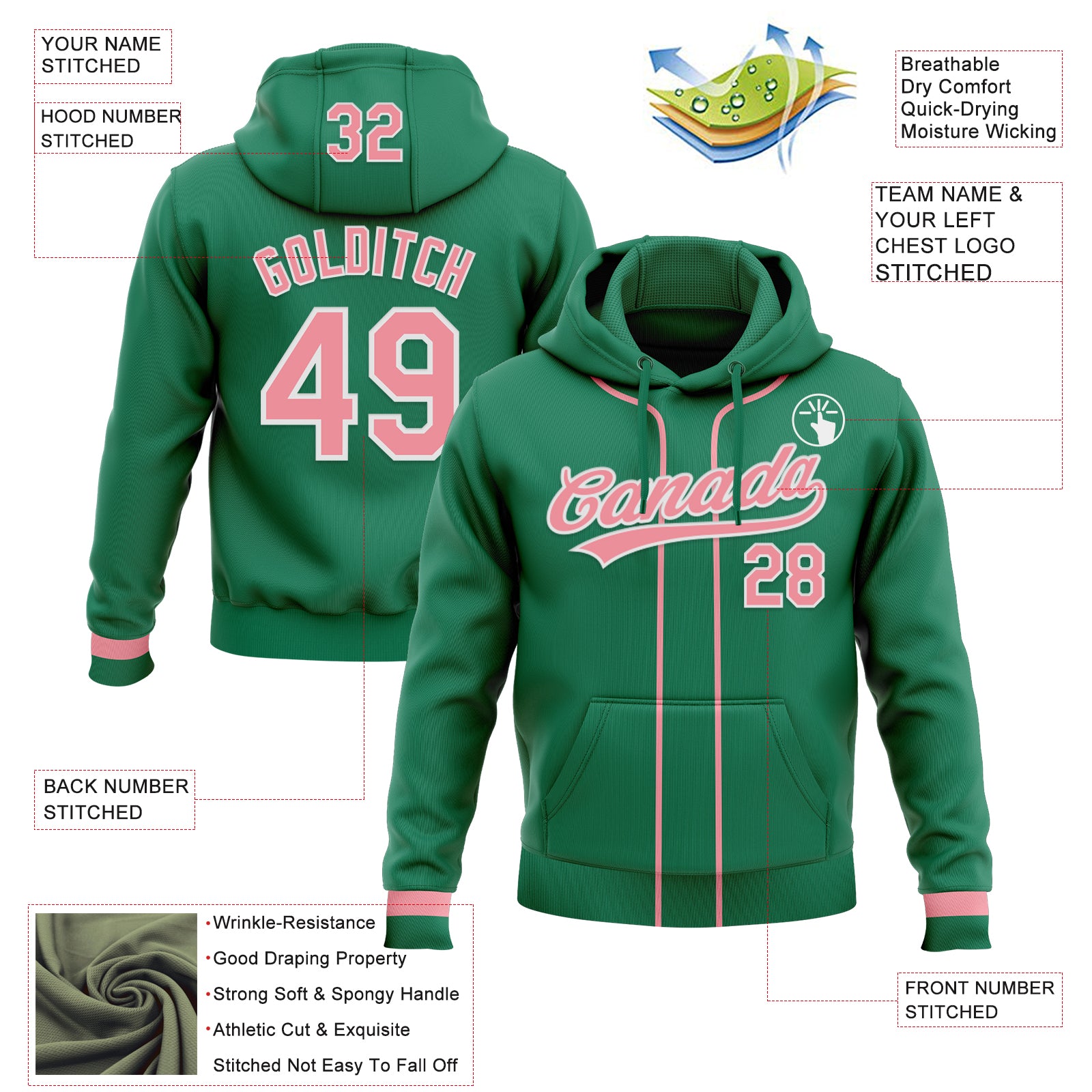 Custom Stitched Kelly Green Medium Pink-White Baseball Pullover Sweatshirt Hoodie