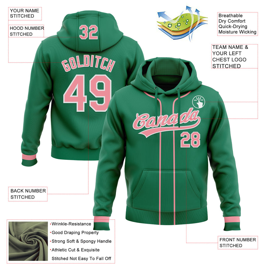Custom Stitched Kelly Green Medium Pink-White Baseball Pullover Sweatshirt Hoodie