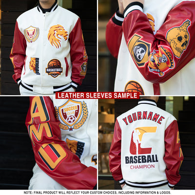 Custom Cream Red-Royal Bomber Full-Snap Varsity Letterman Jacket