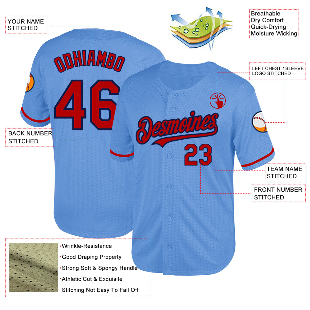 Custom Light Blue Red-Navy Mesh Authentic Throwback Baseball Jersey