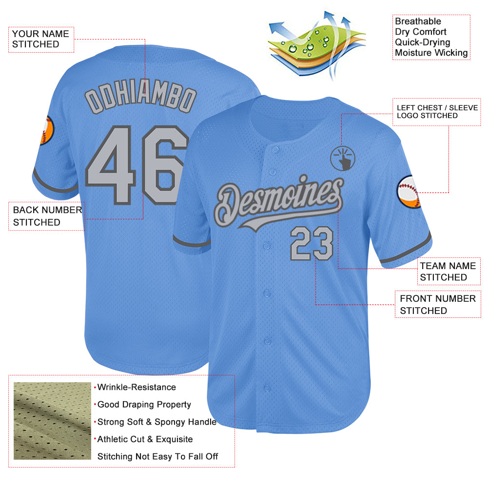 Custom Light Blue Gray-Steel Gray Mesh Authentic Throwback Baseball Jersey