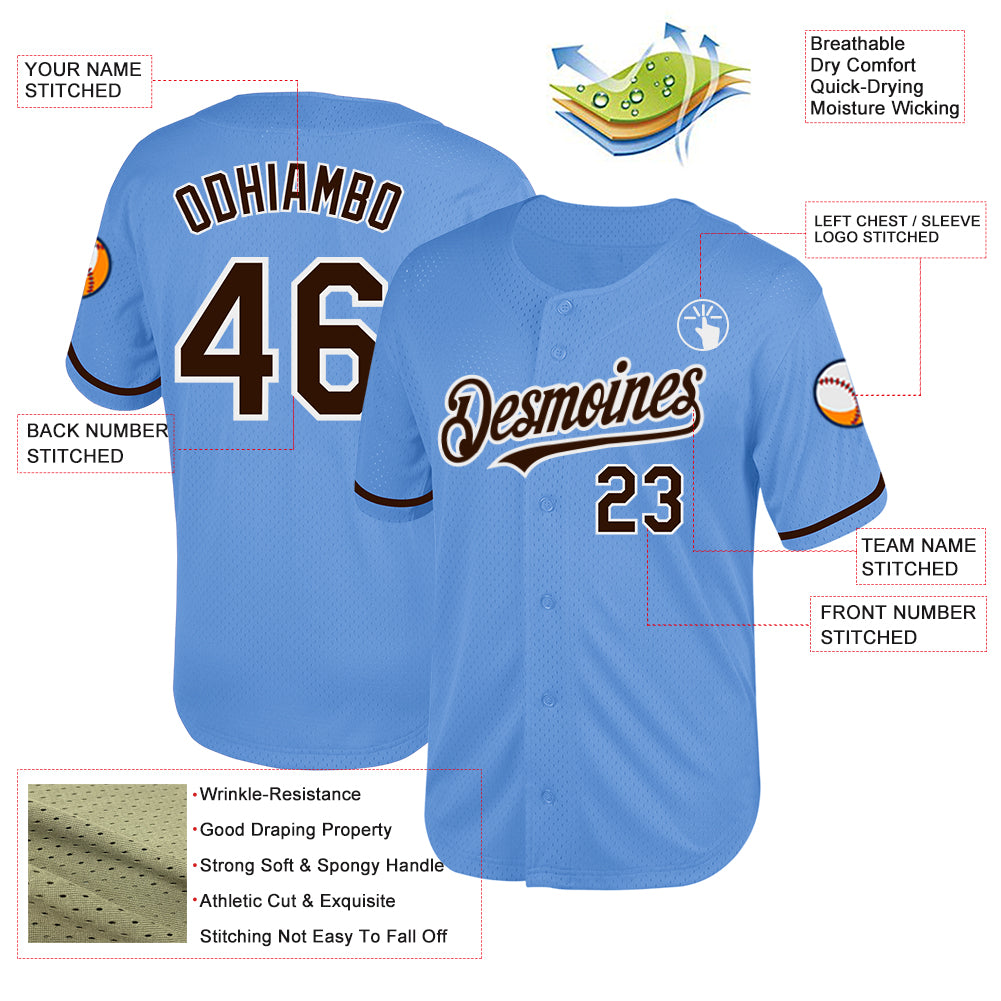 Custom Light Blue Brown-White Mesh Authentic Throwback Baseball Jersey