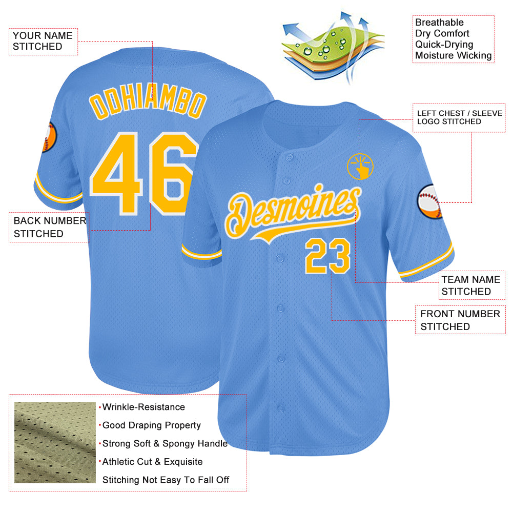 Custom Light Blue Gold-White Mesh Authentic Throwback Baseball Jersey