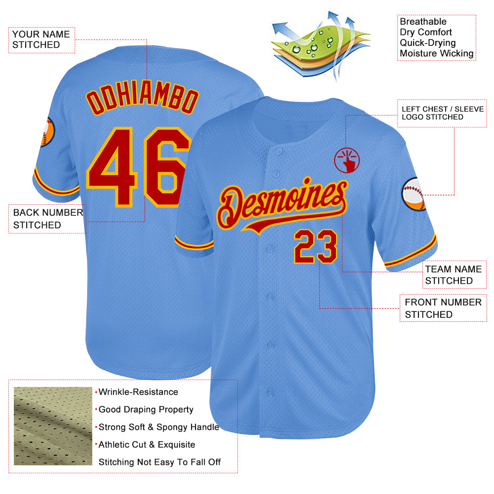 Custom Light Blue Red-Gold Mesh Authentic Throwback Baseball Jersey