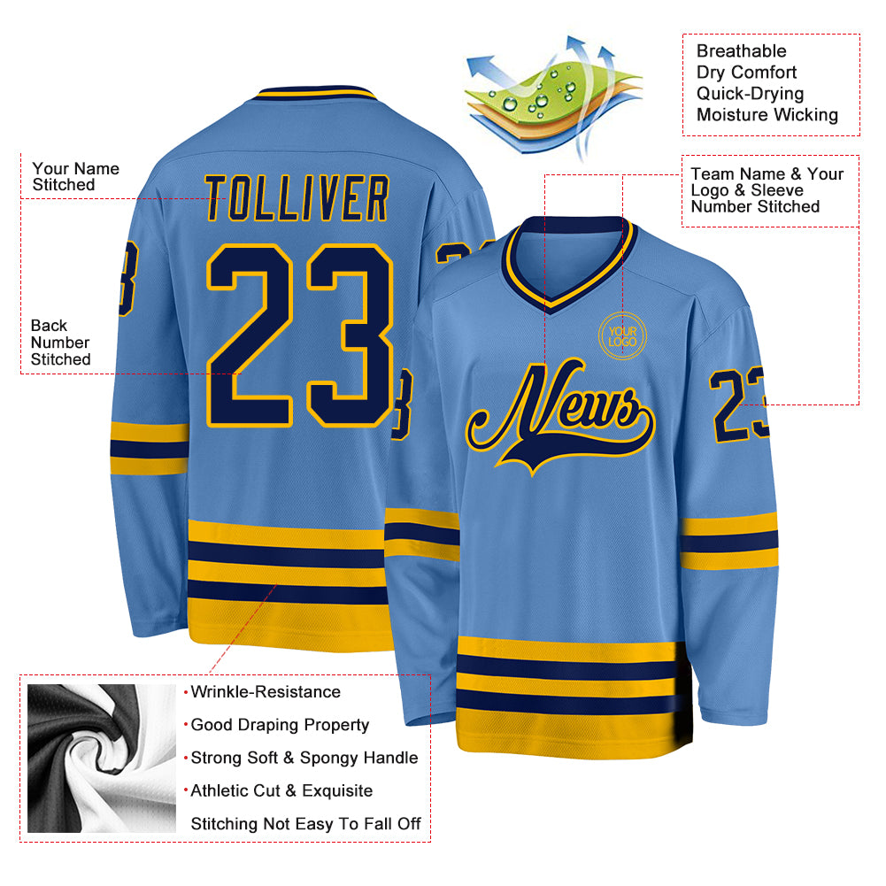 Custom Light Blue Navy-Gold Hockey Jersey