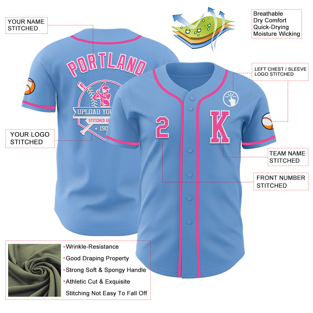 Custom Light Blue Pink-White Authentic Baseball Jersey