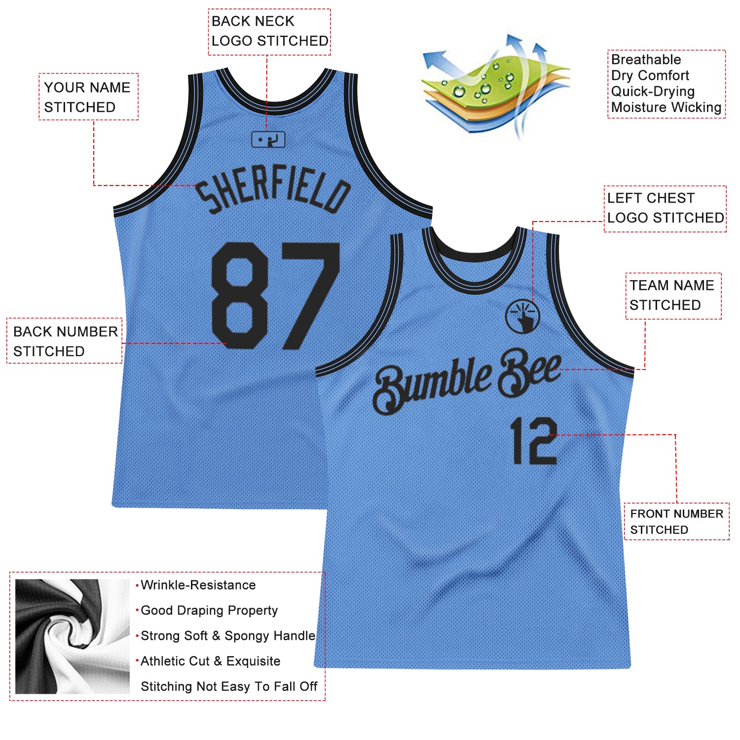 Custom Light Blue Black Authentic Throwback Basketball Jersey